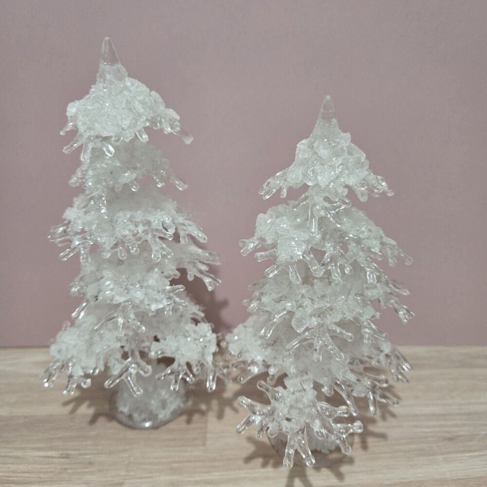 Dept 56 Icy Trees Set Of 2 Frosted Crystal Winter Village Christmas Trees AS IS